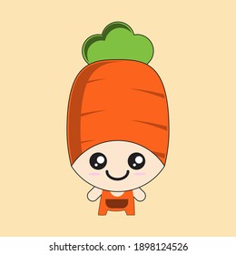 Cartoon character in the shape of an orange carrot with a few leaves with a smiling face. Carrot-shaped headgear