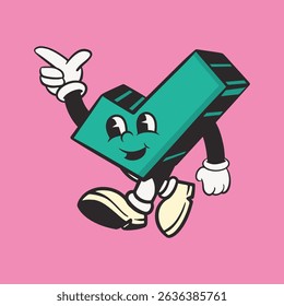 Cartoon character shaped like a green checkmark with a smiling face, white gloves, and shoes, set against a pink background. Fun, playful, and colorful design. Cartoon illustration vector.