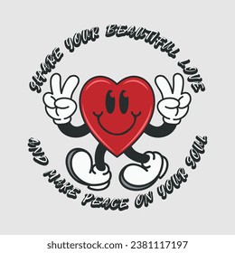 Cartoon character with share your beautiful love, and make peace on your soul phrase. Positive quotes, typography design vector, cartoon character.
