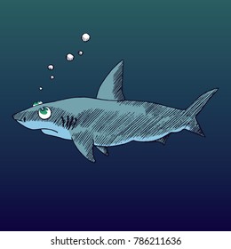 Cartoon character of shark with bubbles, hand drawn doodle sketch, vector color illustration