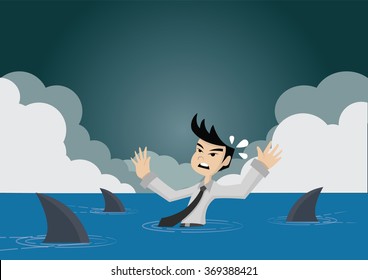 Cartoon character, Sharks swim coming for businessman who is missed overboard, vector eps10