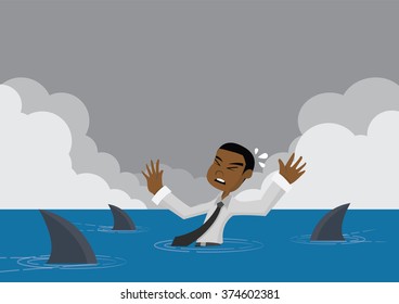 Cartoon character, Sharks swim coming for African businessman who is missed overboard, vector eps10