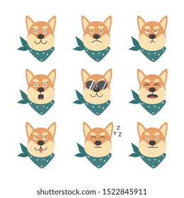 Cartoon character shiba inu cute cool dog with various emotions in sunglasses and bandana, flat vector illustration isolated on white background. Funny pet animal.