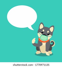 Cartoon character shiba inu dog wearing protective face mask with speech bubble for design.