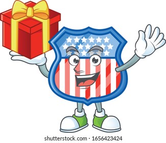 cartoon character of shield badges USA with a box of gift