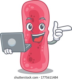 Cartoon character of shigella sonnei clever student studying with a laptop