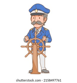 Caricatura del capitán del barco detrás del volante.