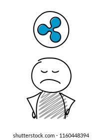 Cartoon character showing cryptocurrency icon - ripple. Vector.