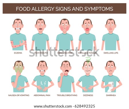 Cartoon character showing the most common food allergy signs and symptoms. Eczema, abdominal pain, dizziness, vomiting and diarrhea. Vector illustration.