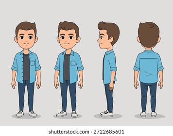 Un personaje de dibujos animados que se muestra desde la parte delantera, lateral y trasera, con una camisa azul y pantalones oscuros.