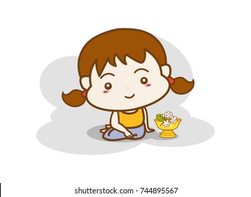 Cartoon Character shy cute girl on white background