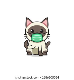 Cartoon character siamese cat wearing protective face mask for design.