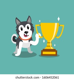 Cartoon character siberian husky dog with gold trophy cup award for design.