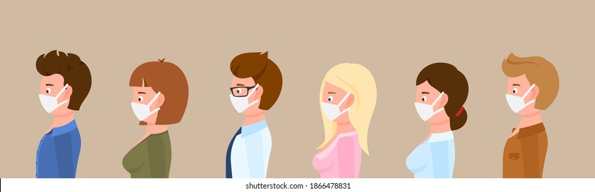 Cartoon character side view portrait man and woman wearing medical masks standing in line protecting disease, flu vector illustration set. Group of male and female people preventing corona virus