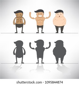 Cartoon character and silhouette of  Male body type skinny, fit and fat