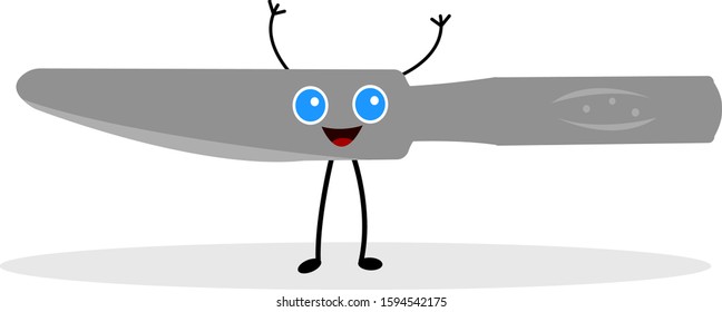 cartoon character silver table knife object on a white background with round blue eyes concept of industry and accessories