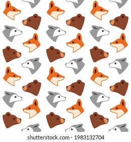 Cartoon character - simple trendy seamless pattern with animal head. Profile of fox, bear, wolf. Flat vector illustration.