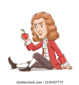 Cartoon-Charakter von Sir Isaac Newton, der Apfel betrachtet.