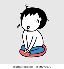 Cartoon Character Sitting on a Cushion with Nervous Expression