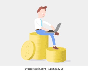 cartoon character sitting on a mountain of coins with a laptop. Vector illustration