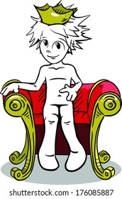 Cartoon character sitting on a throne and wearing a crown