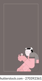 Cartoon character sitting with a small object. The character has a unique design, featuring exaggerated features and a playful expression. Minimalist background enhances focus. Spooky Halloween vector