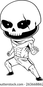 A cartoon character with a skeleton on his face. He is wearing shorts and a hoodie. He is holding his hands up in the air