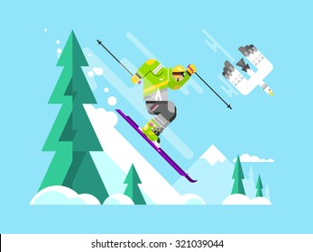 Cartoon character skier. Sport winter, snow and speed extreme, flat vector illustration