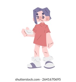 Cartoon Character With Skincare Pad. Cute cartoon character with purple hair and freckles holding a skincare pad. Flat pastel illustration, isolated on white background.