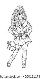 Cartoon character in a skirt, boots and vest, cute mischievous she-wolf sailor with long broad pigtails and bow-knot, kind girl with pointed ears, an elongated muzzle and with fluffy tail.