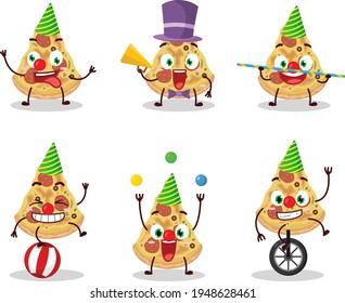 Cartoon character of slice of pizza with various circus shows