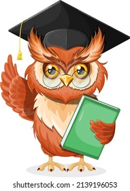 Cartoon Character. Smart Owl Graduate With A Book