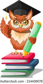 Cartoon character. Smart owl graduate with books and pencil