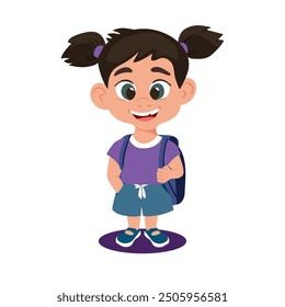 Cartoon character of a smart smiling girl in a purple t-shirt, blue shorts, sandals and backpack isolated on white. Flat vector illustration in rich violet, blue and white colors. Happy kid character