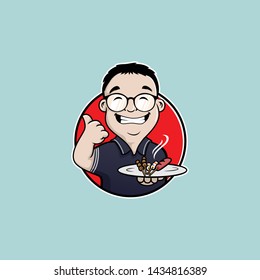 Cartoon Character. Smiling Asian Boy with Food. Mascot
