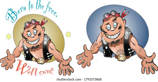 Caricatura. Motociclista sonriente. Ilustración vectorial.