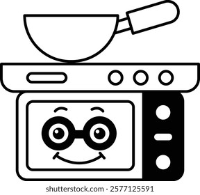 A cartoon character with a smiling face is sitting on a microwave