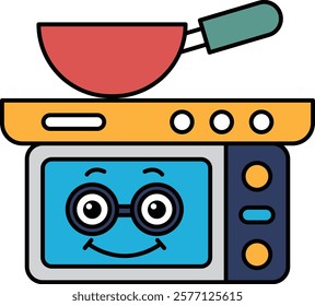 A cartoon character with a smiling face is sitting on a microwave