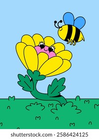 Cartoon character smiling flower with a happy bee  nature's beauty and harmony in hand drawn cartoon illustration