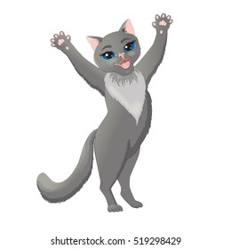 Cartoon character - smiling grey cat raising hands