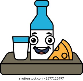 A cartoon character is smiling and holding a bottle of milk, a glass of milk