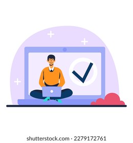 Cartoon character of smiling man completing work project successfully. Reaching job goal. Modern and cozy workplace for employee. Freelancer working alone. Vector