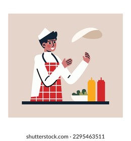 Caricatura de un hombre sonriente vestido de uniforme lanzando pasta de pizza. Chef profesional en el trabajo. Cocina con placer. Concepto de industria alimentaria comercial. Vector