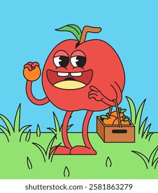 Cartoon character smiling red apple holding an orange fruit in hand and basket hand drawn illustration