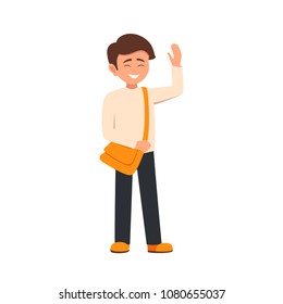 Cartoon character smiling schoolboy raised his hand in greeting. Vector illustration isolated on white background