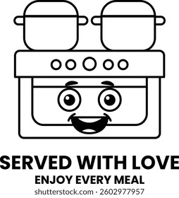 A cartoon character is smiling and is serving food with love