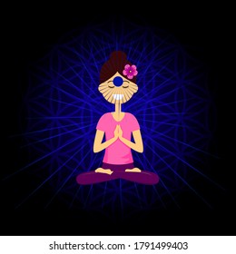 Cartoon character smiling woman is sitting in lotus position with namaste hands. Ajna chakra activation. Vector illustration.