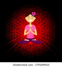 Cartoon character smiling woman is sitting in lotus position with namaste hands. Muladhara chakra activation. Vector illustration.