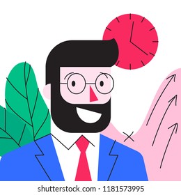 Cartoon character of smiling young bearded businessman in formal suit in office. Editable stroke 