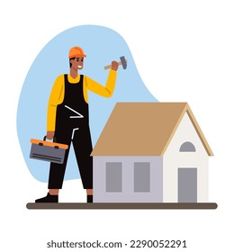 Cartoon character of smiling young man making home repair. Process of house renovation. Building new house. Professional framing contractor with tools. Vector